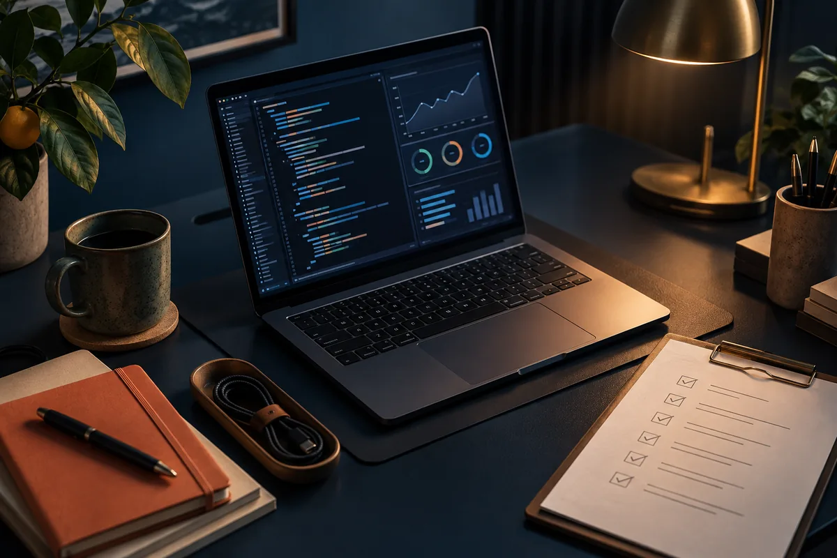 Dark navy workstation with abstract code review, performance charts, and a quality checklist