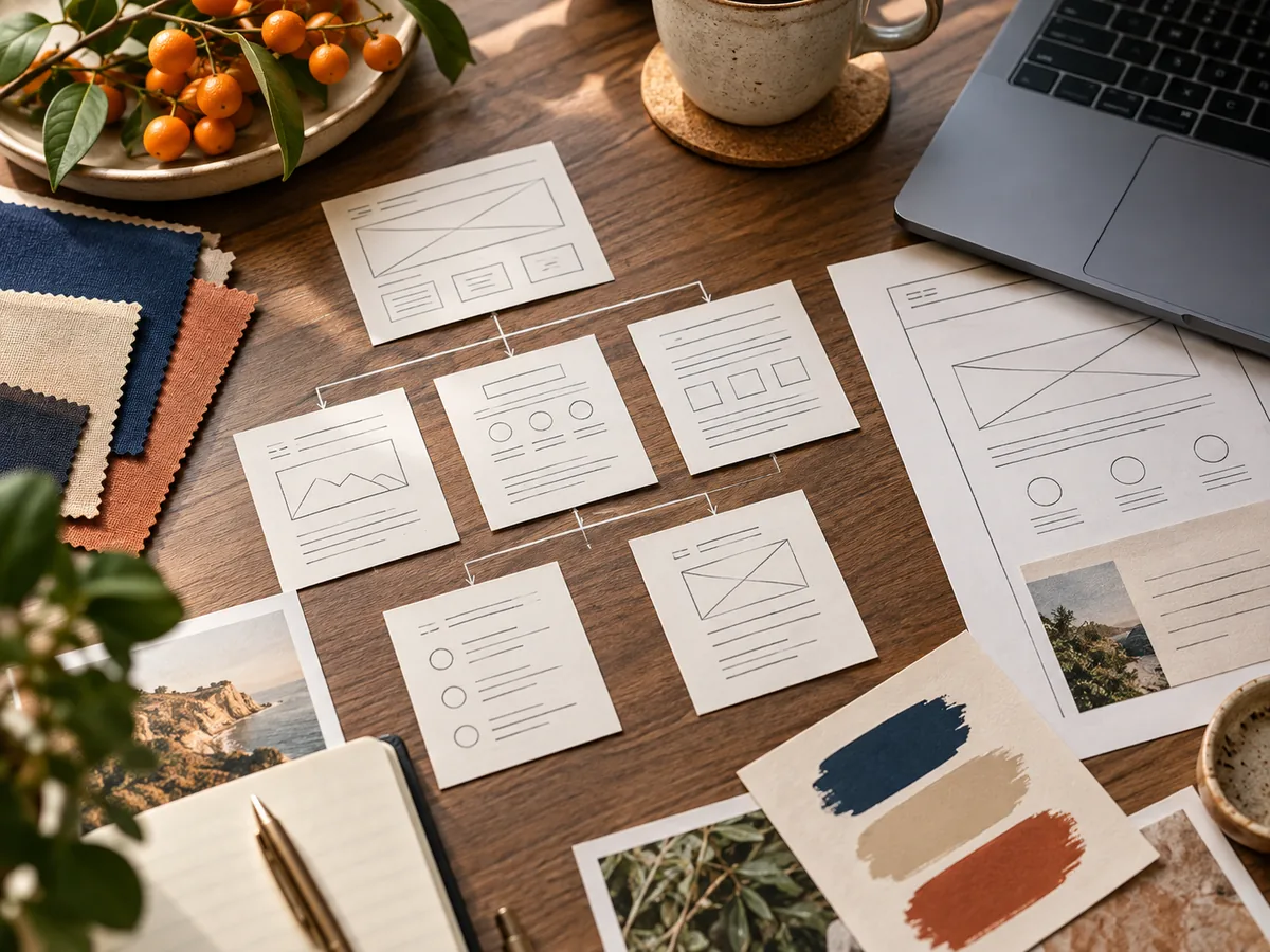 Handmade website strategy cards, wireframes, color swatches, and planning notes on a studio desk