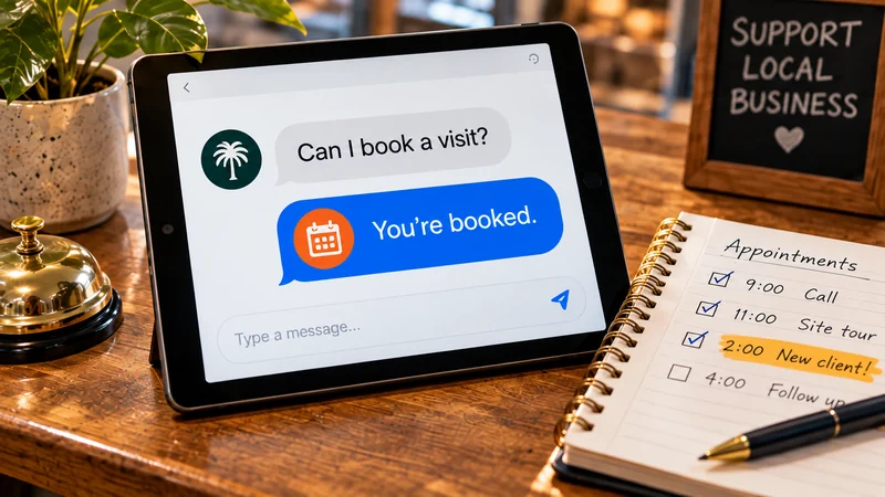 Tablet confirming an appointment through a booking chat beside a service bell and handwritten planner