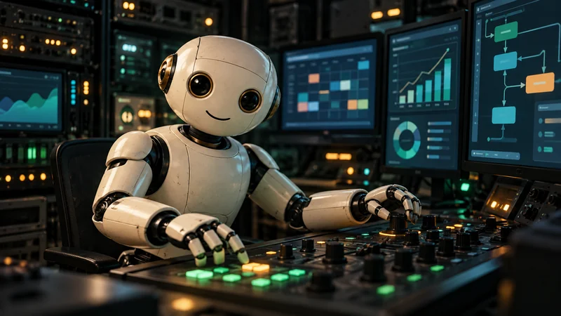 Friendly ivory robot operating consoles in a dark control room lit by glowing screens and machine indicators