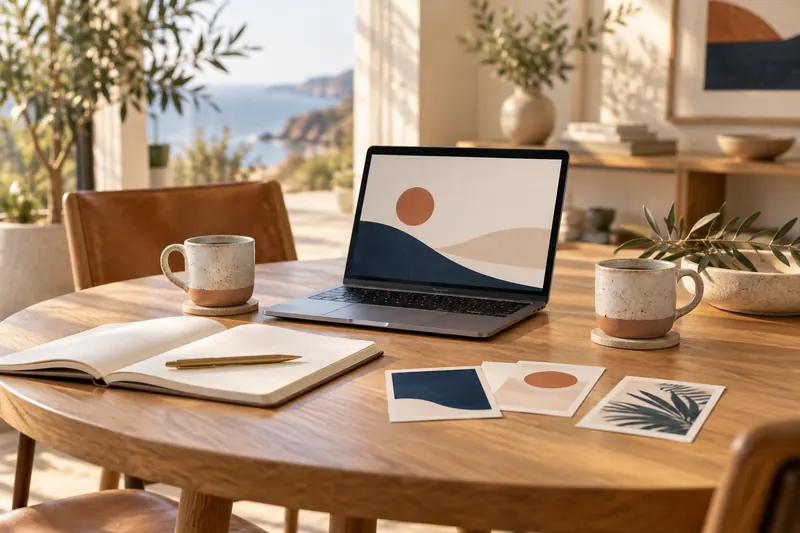 Conceptual consultation table with a laptop, notebook and two cups