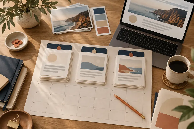 Article cards organized into a publishing calendar beside a laptop