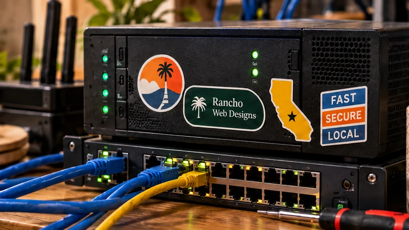 Compact server and network switch with colorful stickers, blue and yellow cables, and green status lights