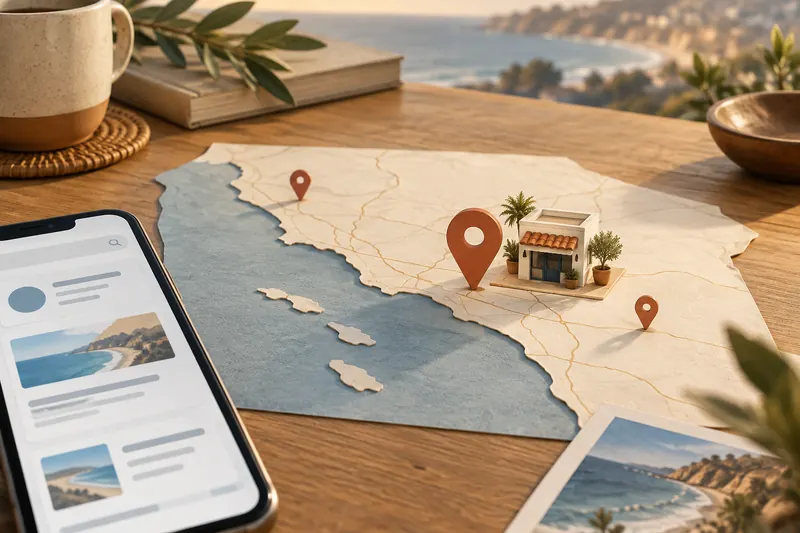 Conceptual coastal map with location pins and a small storefront