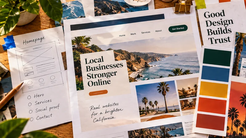 Printed coastal website layouts, a hand-drawn wireframe and bold color swatches on a design workbench