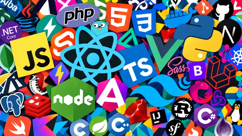 Dense overlapping collage of programming logos, with React, JavaScript, TypeScript, Python, Node.js and Tailwind CSS prominent